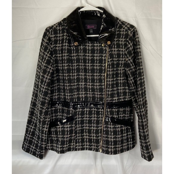 C Wonder Christian Siriano Tweed Moto Jacket Black White Faux Leather Trim M - Picture 10 of 12